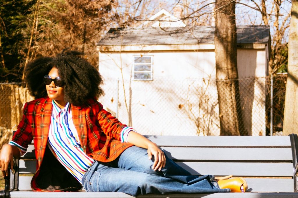 thrifted-red-plaid-blazer-thrifted-white-rainbow-striped-button-up-shirt-hm-blue-wide-legged-jean-pants-1