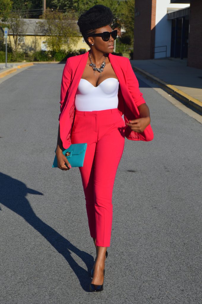 23rd Birthday-ASOS Blazer In Crepe With Slim Lapel and Cigarette Pants in Crepe, White Bustier Corset, Large Pointed Cat Eye Glasses and Black BCBGeneration Jaze Patent Pump 1